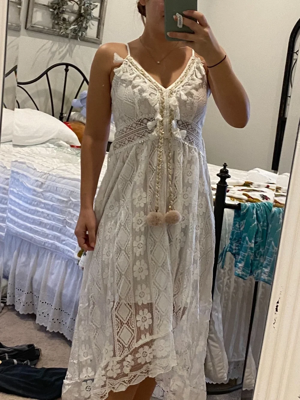 White Lace Bohemian Midi Dress with Tassel Detail